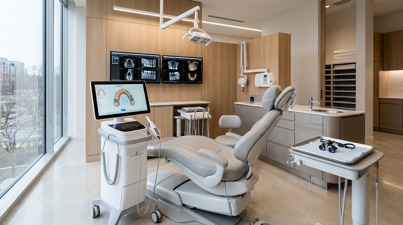 Digital diagnostic operatory suite featuring 3D intraoral scanner workstation and diagnostic monitors