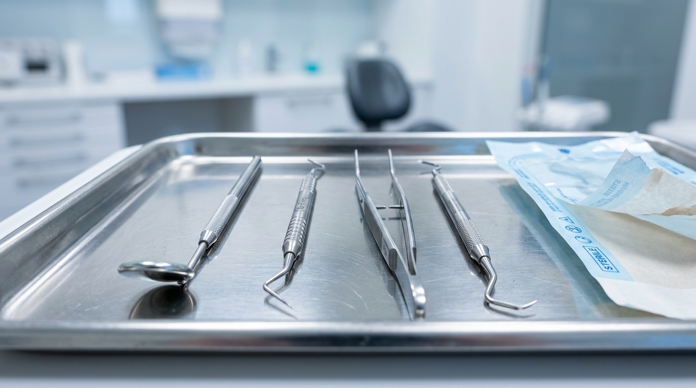 Sterile dental instruments meticulously arranged on stainless steel clinical surgical tray