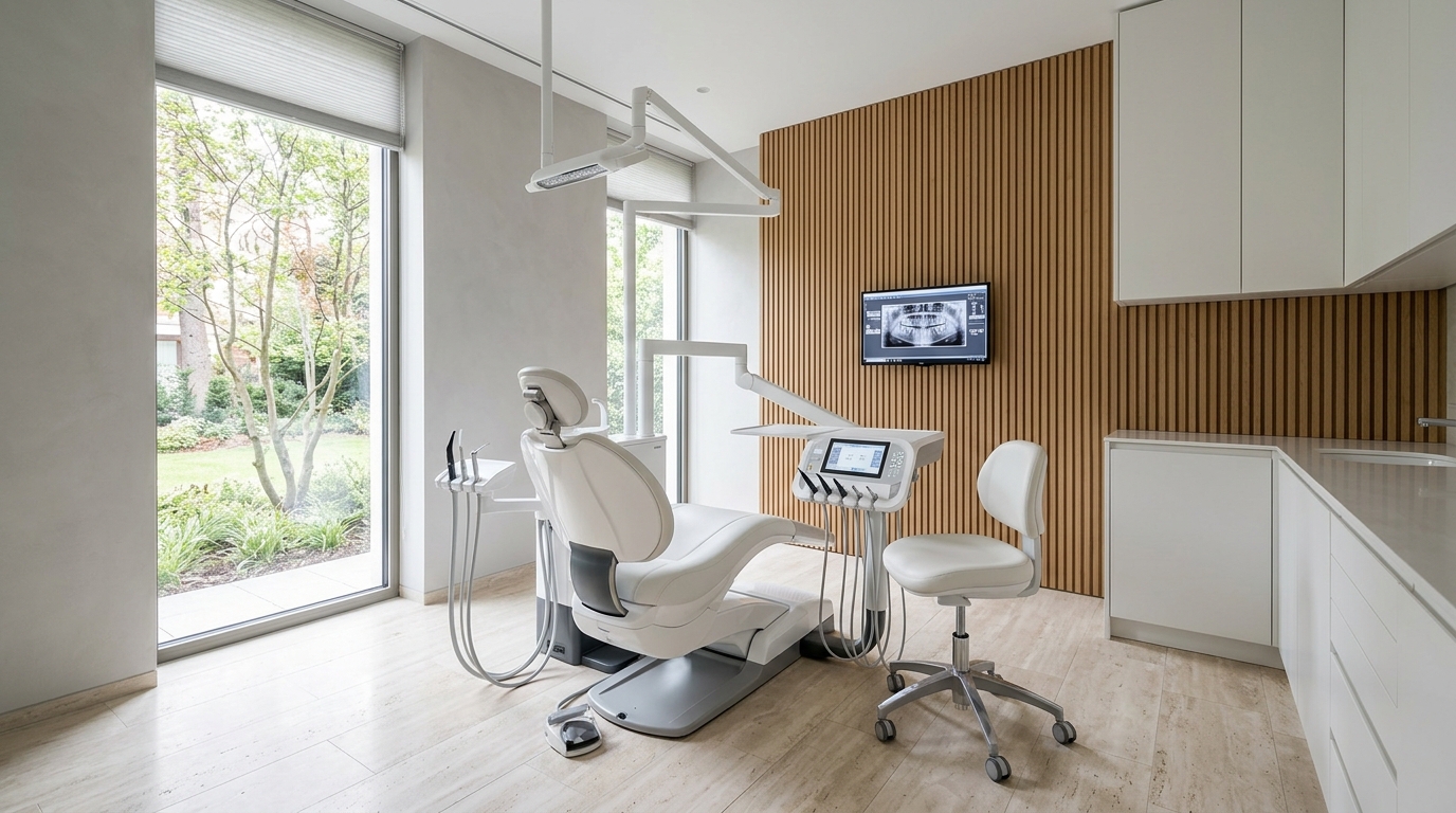 Modern dental operatory room with pristine ergonomic dental chair and surgical LED operating lamp