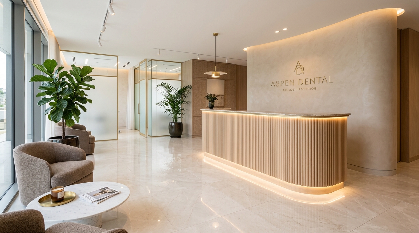 Luxury modern clinic reception lobby with curved wooden front desk and patient lounge