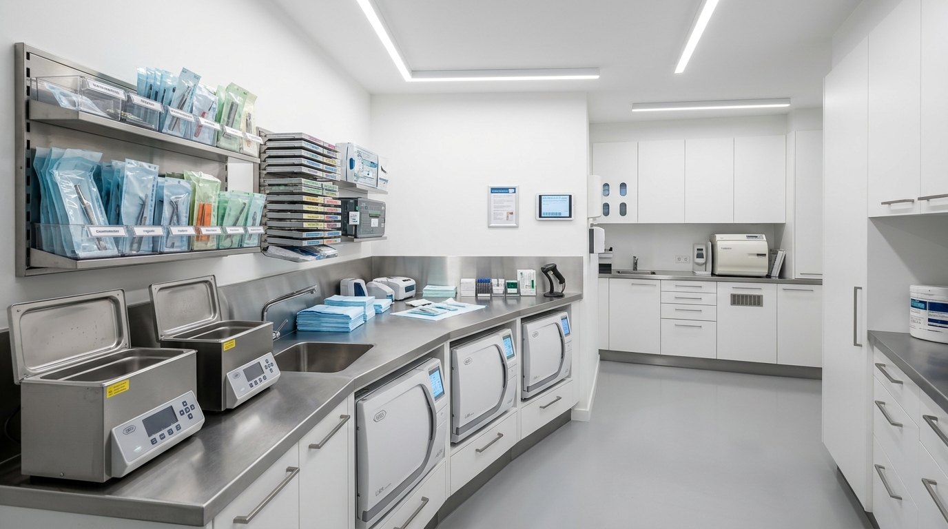 Hospital-grade central sterilization bay with Class-B autoclaves and sterile instrument racks